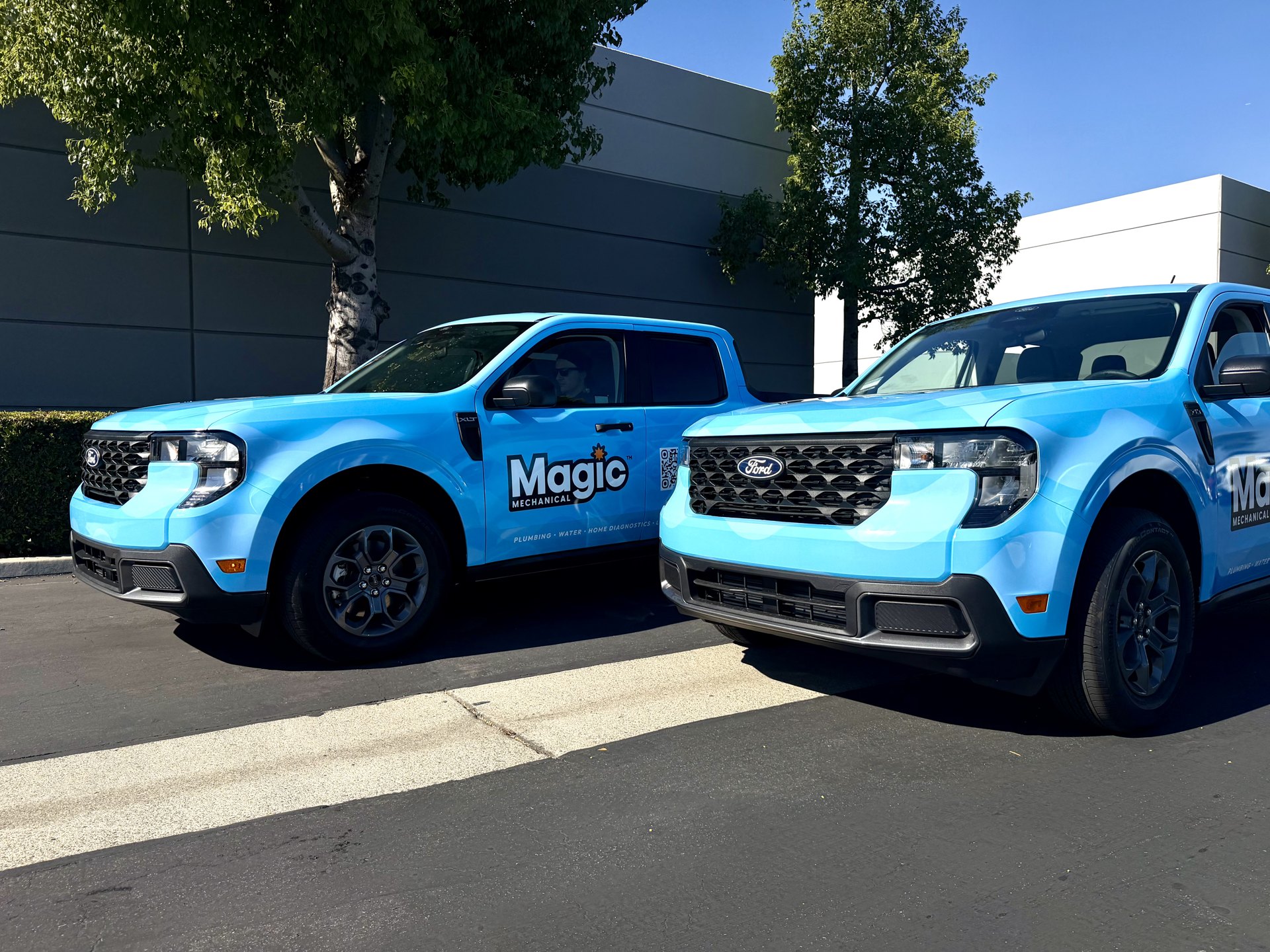 Matching Ford Maverick fleet wraps for Magic Mechanical wrapped by Print Signs Wraps, Corona CA