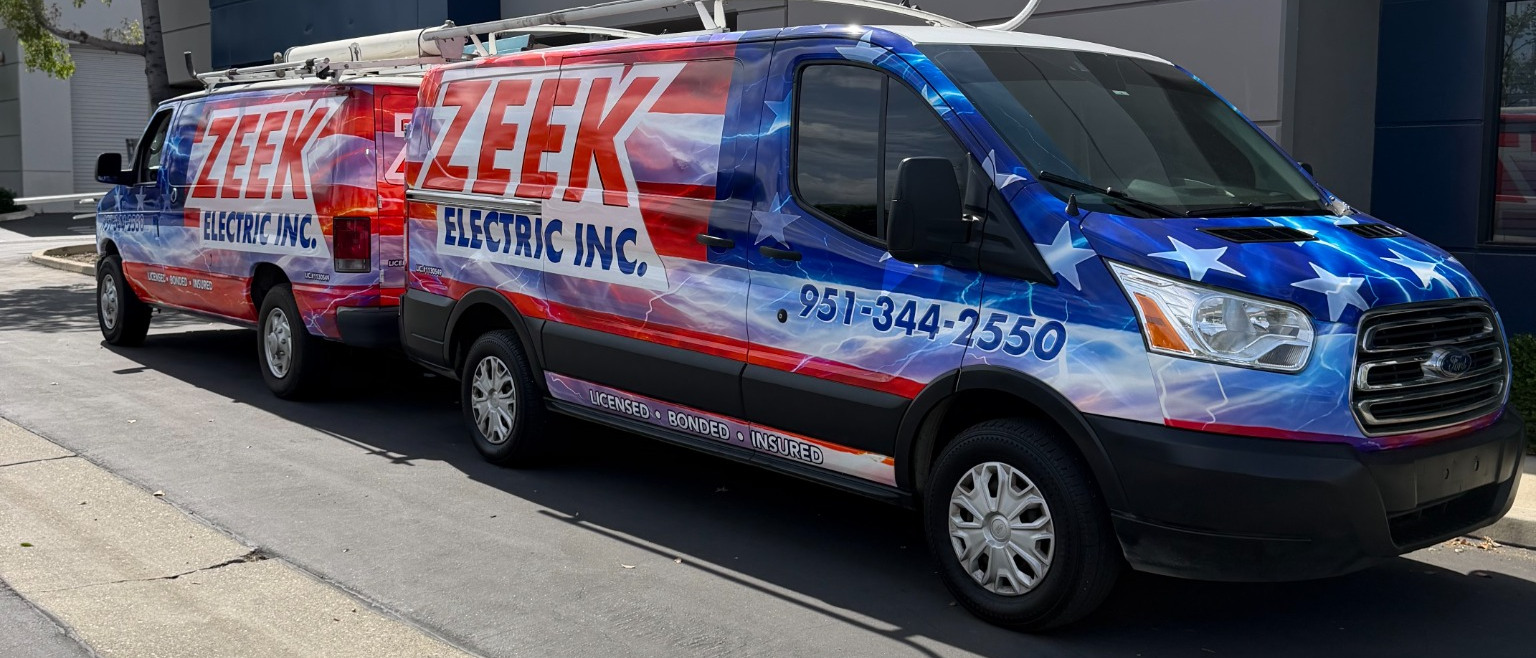 Matched Ford Transit fleet wraps for Zeek Electric wrapped by Print Signs Wraps, Corona CA